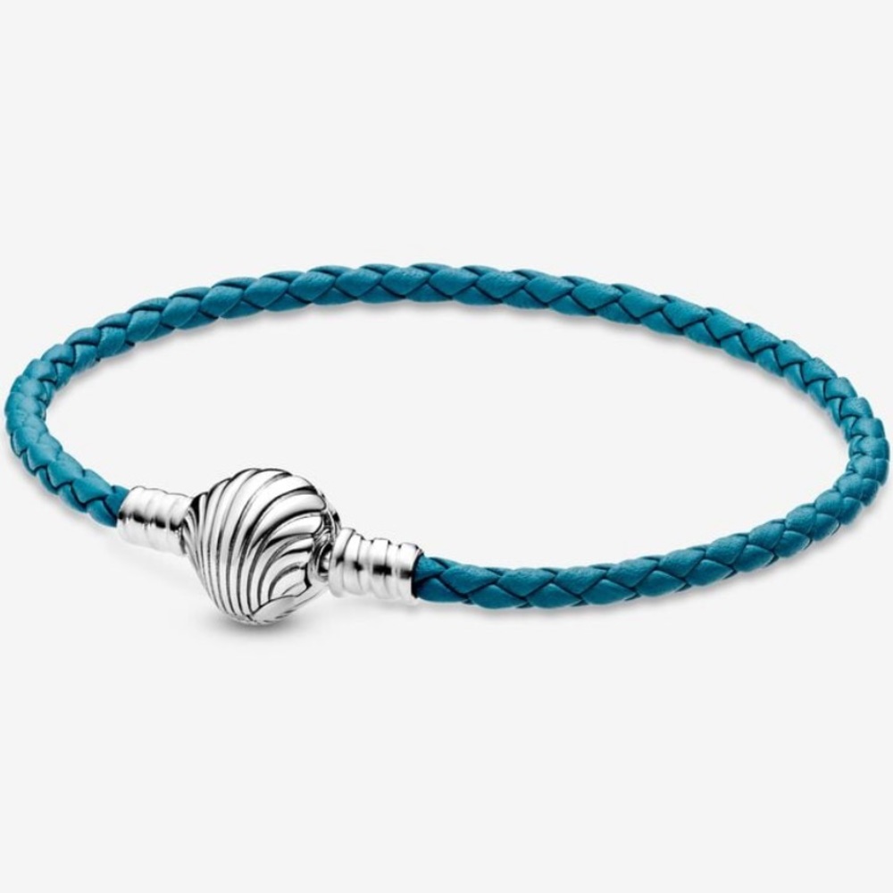 Pandora Moments Seashell Clasp Turquoise Braided Leather Bracelet in 7.5(medium)